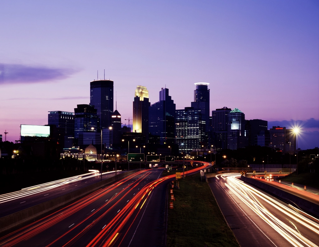 Minneapolis at night with cars